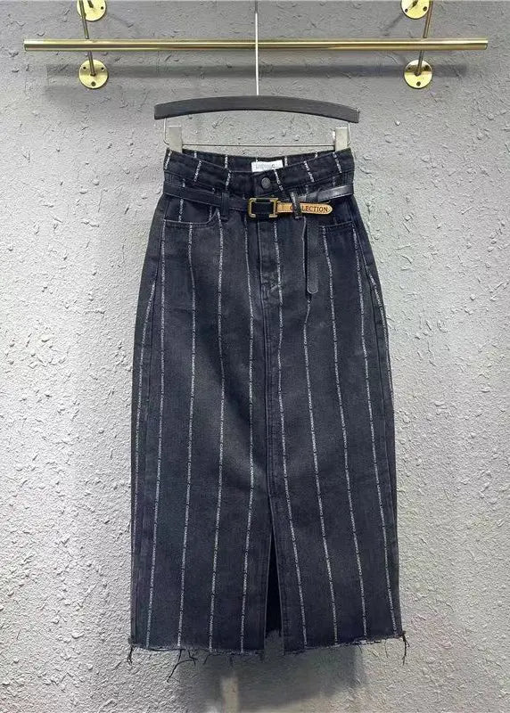 Italian Black Striped Front Open Pockets Patchwork Denim Skirt Fall Ada Fashion