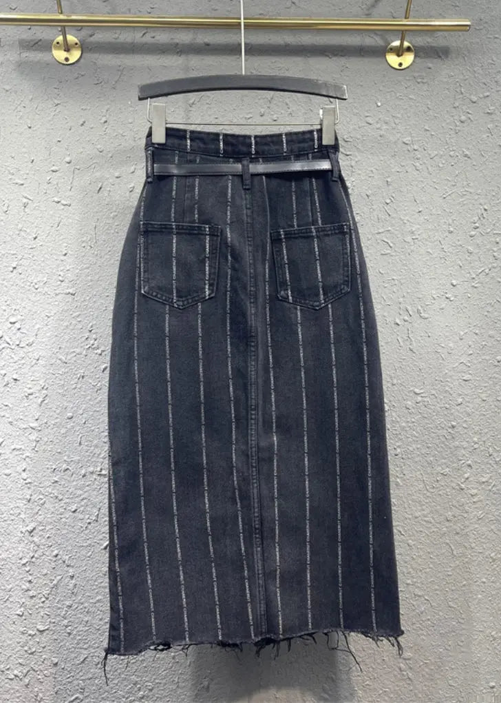 Italian Black Striped Front Open Pockets Patchwork Denim Skirt Fall Ada Fashion