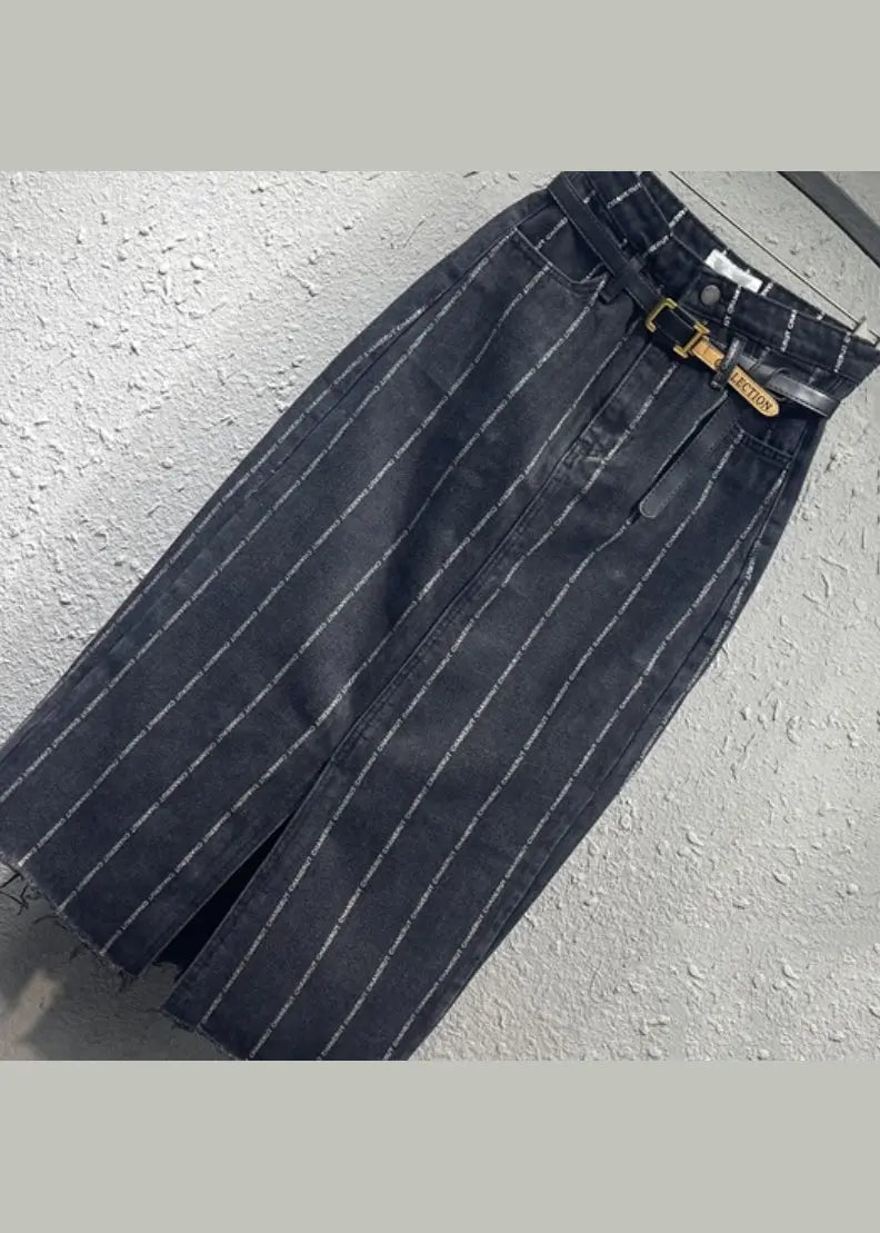 Italian Black Striped Front Open Pockets Patchwork Denim Skirt Fall Ada Fashion