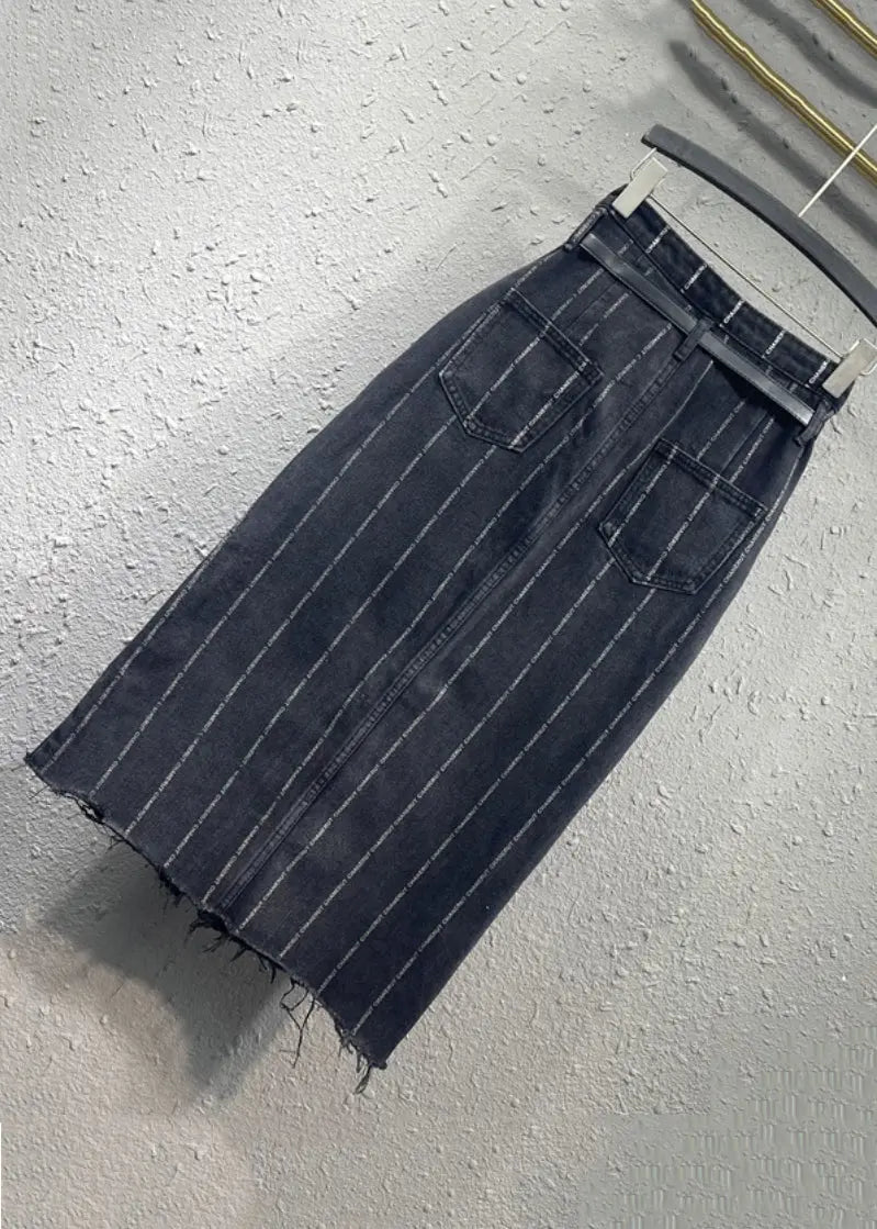 Italian Black Striped Front Open Pockets Patchwork Denim Skirt Fall Ada Fashion