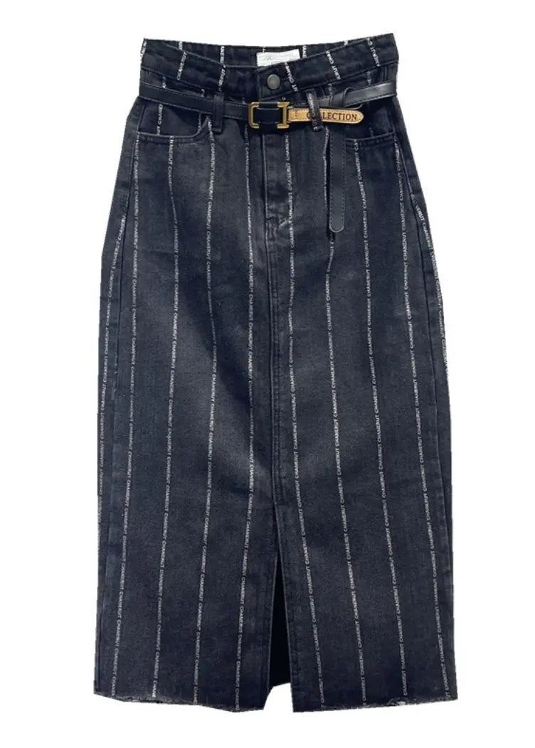 Italian Black Striped Front Open Pockets Patchwork Denim Skirt Fall Ada Fashion