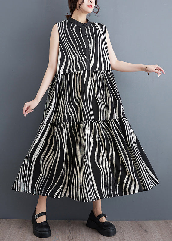 Italian Black Striped Stand Collar Patchwork Button Long Dress Summer LY4934 - fabuloryshop