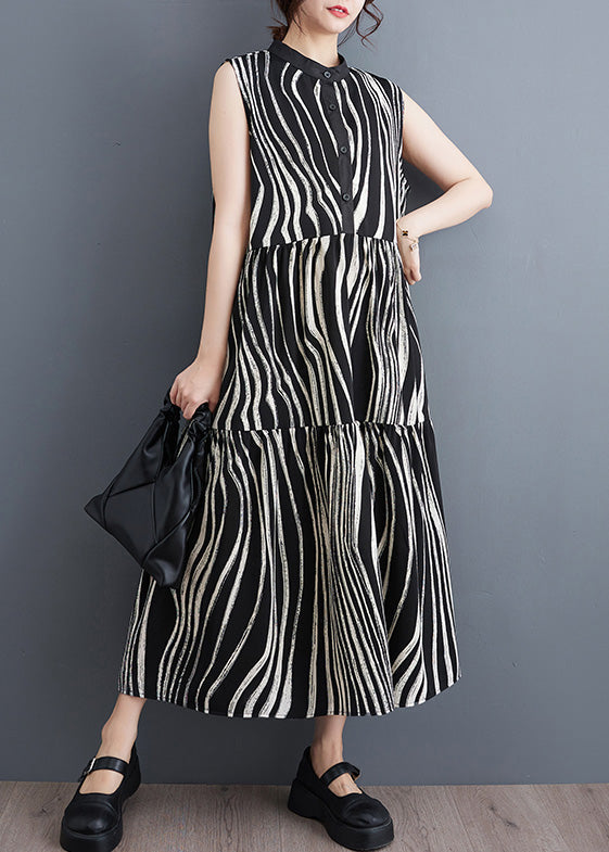 Italian Black Striped Stand Collar Patchwork Button Long Dress Summer LY4934 - fabuloryshop