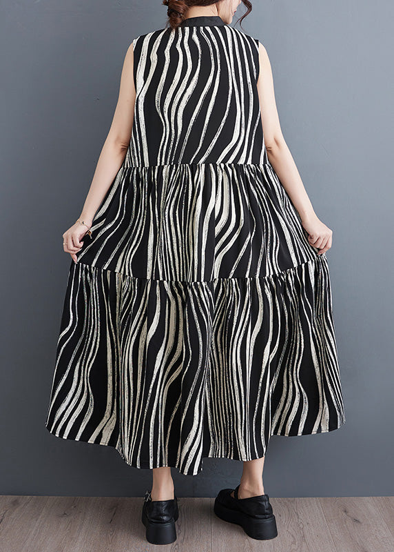 Italian Black Striped Stand Collar Patchwork Button Long Dress Summer LY4934 - fabuloryshop