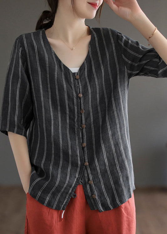 Italian Black Striped V Neck Button Patchwork Linen Blouses Summer LY6258 - fabuloryshop