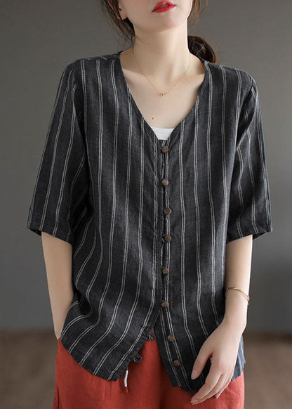 Italian Black Striped V Neck Button Patchwork Linen Blouses Summer LY6258 - fabuloryshop