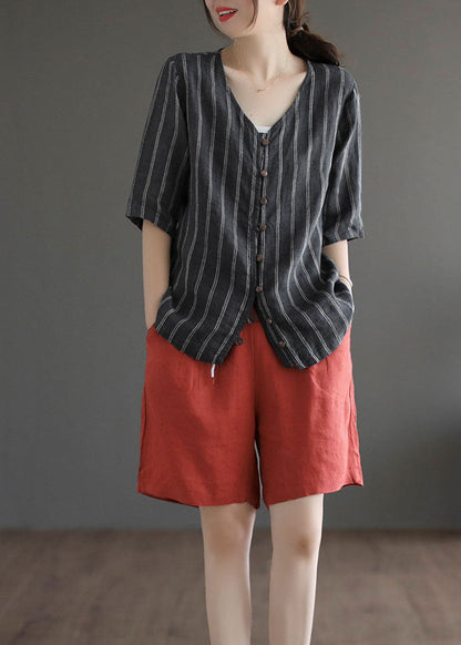 Italian Black Striped V Neck Button Patchwork Linen Blouses Summer LY6258 - fabuloryshop