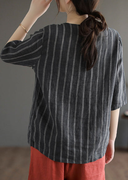 Italian Black Striped V Neck Button Patchwork Linen Blouses Summer LY6258 - fabuloryshop