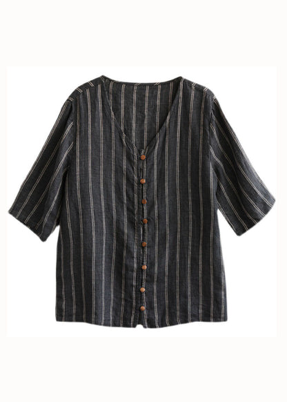 Italian Black Striped V Neck Button Patchwork Linen Blouses Summer LY6258 - fabuloryshop