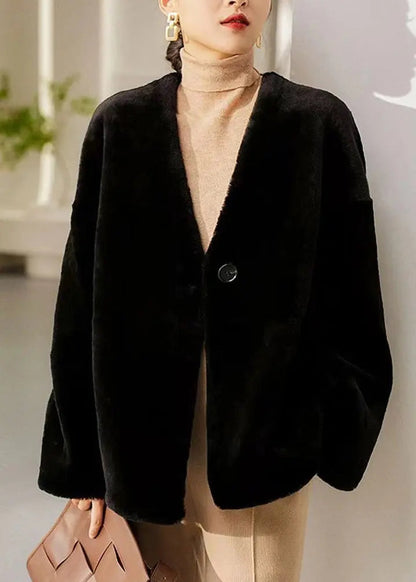 Italian Black V Neck Button Patchwork Wool Coats Winter Ada Fashion