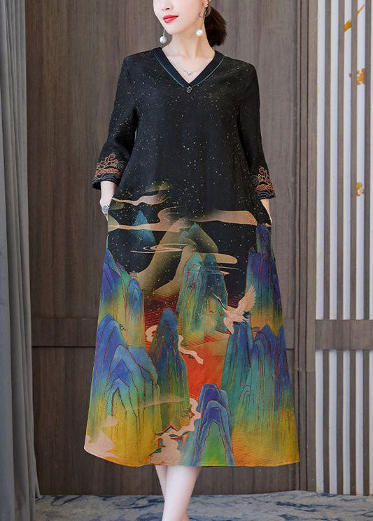 Italian Black V Neck Cinched Print Silk Holiday Dress Spring LC0236 - fabuloryshop