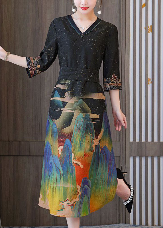 Italian Black V Neck Cinched Print Silk Holiday Dress Spring LY1729 - fabuloryshop