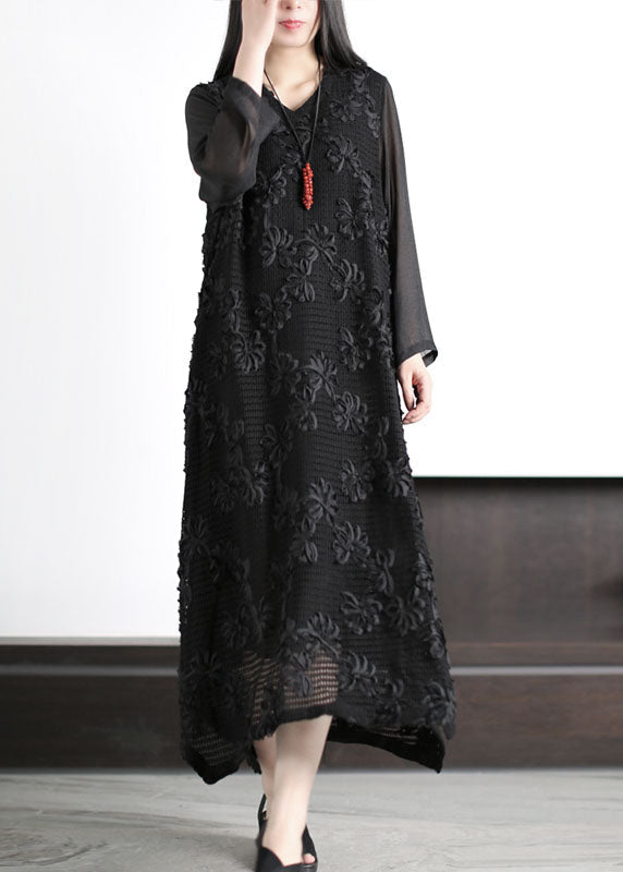 Italian Black V Neck Floral Hollow Out Patchwork Cotton Dress Long Sleeve LY5153 - fabuloryshop