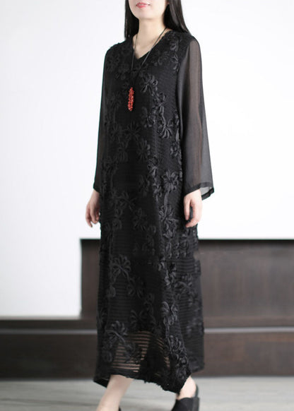 Italian Black V Neck Floral Hollow Out Patchwork Cotton Dress Long Sleeve LY5153 - fabuloryshop