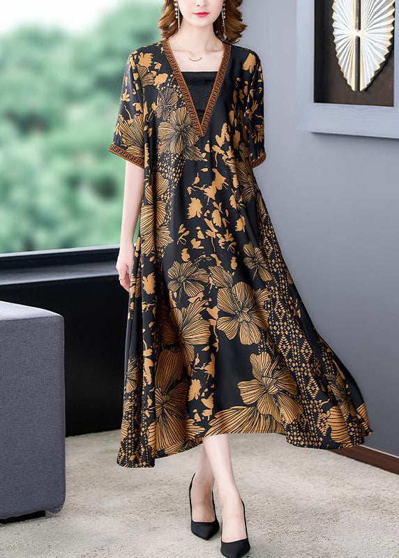 Italian Black V Neck Print Exra Large Hem Draping Silk Dress Summer LY3749 - fabuloryshop