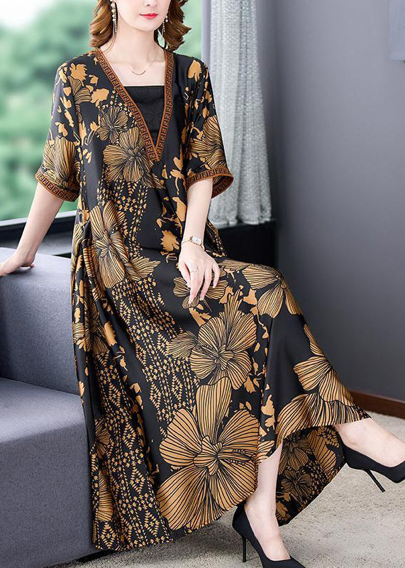 Italian Black V Neck Print Exra Large Hem Draping Silk Dress Summer LY3749 - fabuloryshop