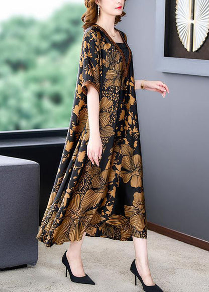 Italian Black V Neck Print Exra Large Hem Draping Silk Dress Summer LY3749 - fabuloryshop