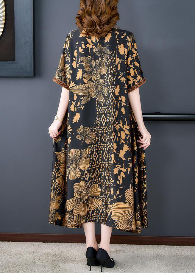 Italian Black V Neck Print Exra Large Hem Draping Silk Dress Summer LY3749 - fabuloryshop