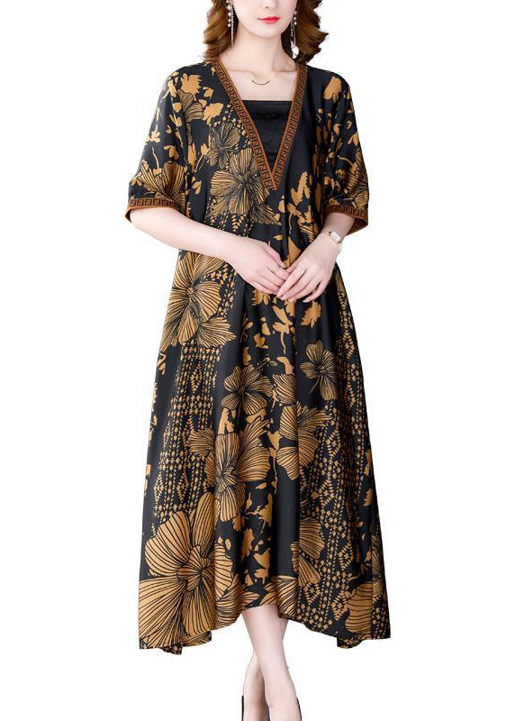 Italian Black V Neck Print Exra Large Hem Draping Silk Dress Summer LY3749 - fabuloryshop