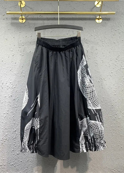 Italian Black Wrinkled Print Patchwork Cotton Skirts Fall Ada Fashion