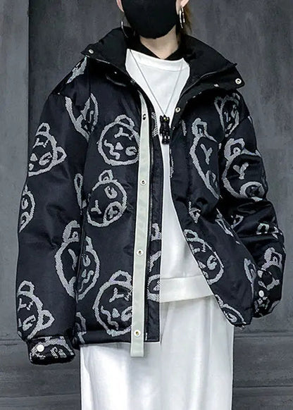 Italian Black Zip Up Button Print Patchwork Down Coats Winter Ada Fashion