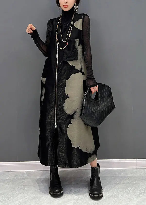 Italian Black Zip Up Patchwork Cotton Long Dresses Sleeveless Ada Fashion