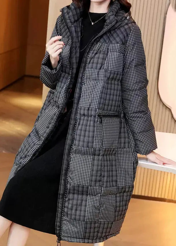 Italian Black Zip Up Plaid Pockets Duck Down Puffers Coats Winter Ada Fashion