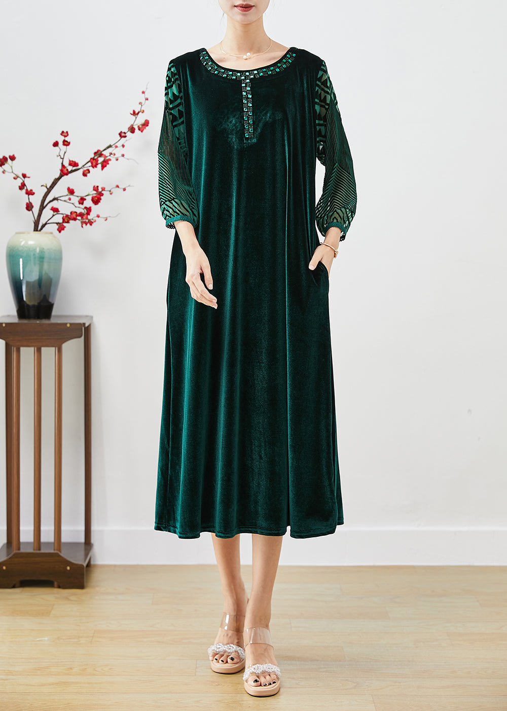 Italian Blackish Green Hollow Out Zircon Silk Velour Long Dresses Bracelet Sleeve Ada Fashion