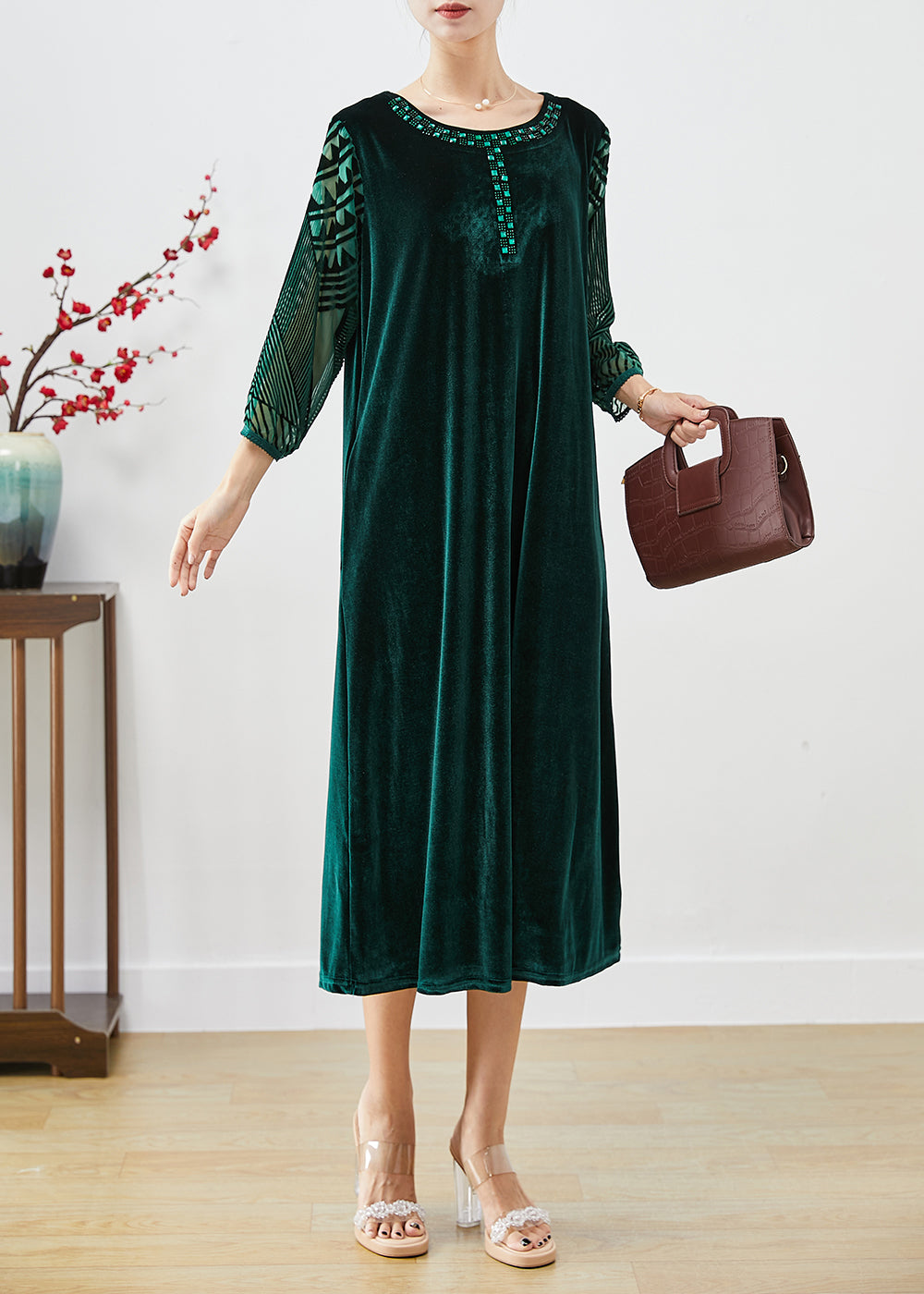 Italian Blackish Green Hollow Out Zircon Silk Velour Long Dresses Bracelet Sleeve Ada Fashion