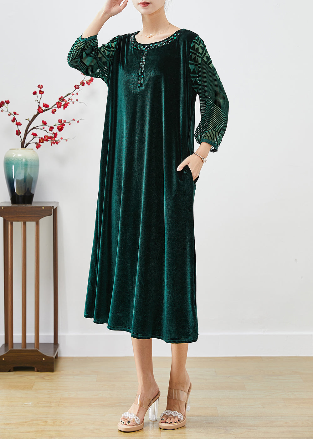 Italian Blackish Green Hollow Out Zircon Silk Velour Long Dresses Bracelet Sleeve Ada Fashion