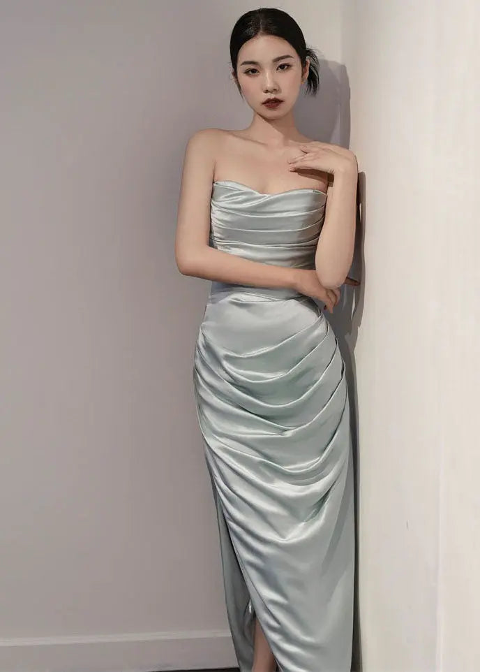 Italian Blue Grey Slash Neck Side Open Long Dresses Puff Sleeve Ada Fashion