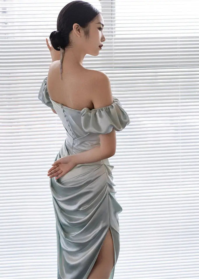 Italian Blue Grey Slash Neck Side Open Long Dresses Puff Sleeve Ada Fashion