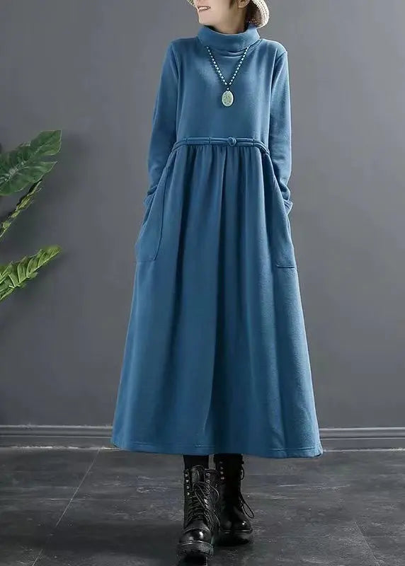 Italian Blue Hign Neck Lace Up Patchwork Cotton Long Dresses Fall Ada Fashion