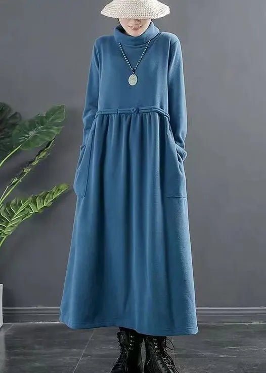 Italian Blue Hign Neck Lace Up Patchwork Cotton Long Dresses Fall Ada Fashion