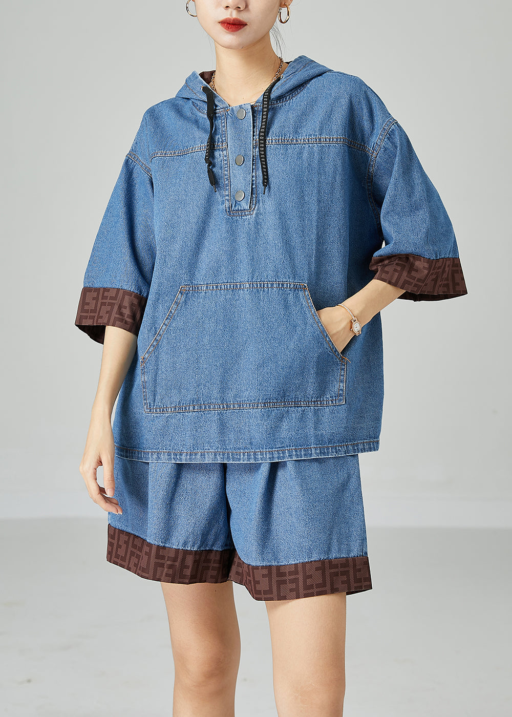 Italian Blue Hooded Patchwork Denim Two Pieces Set Summer LY2474 - fabuloryshop