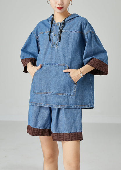 Italian Blue Hooded Patchwork Denim Two Pieces Set Summer LY2474 - fabuloryshop