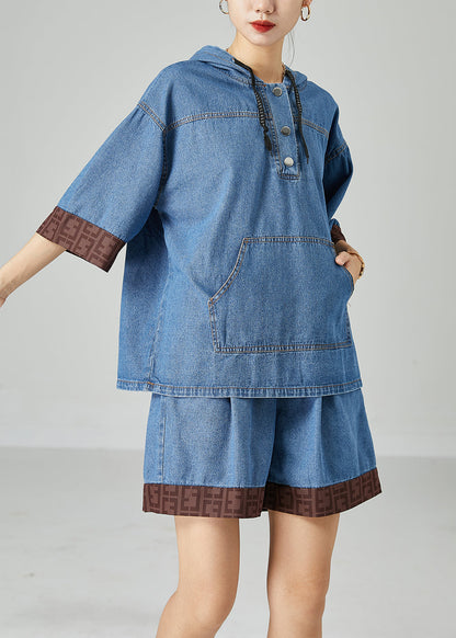 Italian Blue Hooded Patchwork Denim Two Pieces Set Summer LY2474 - fabuloryshop