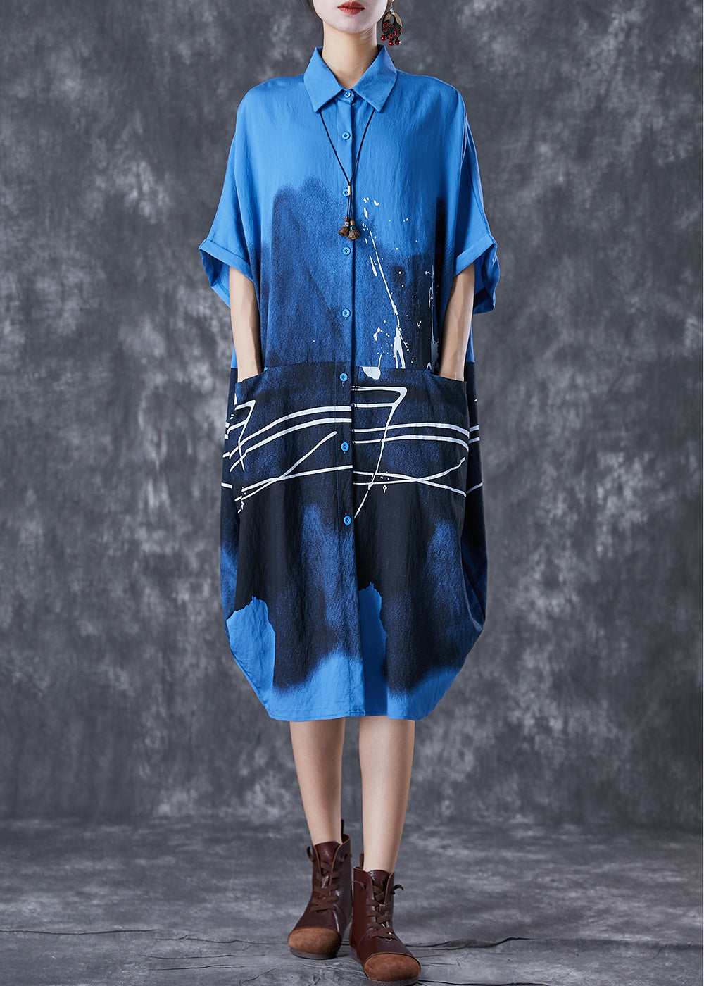 Italian Blue Inkwash Painting Cotton Shirt Dress Summer Ada Fashion