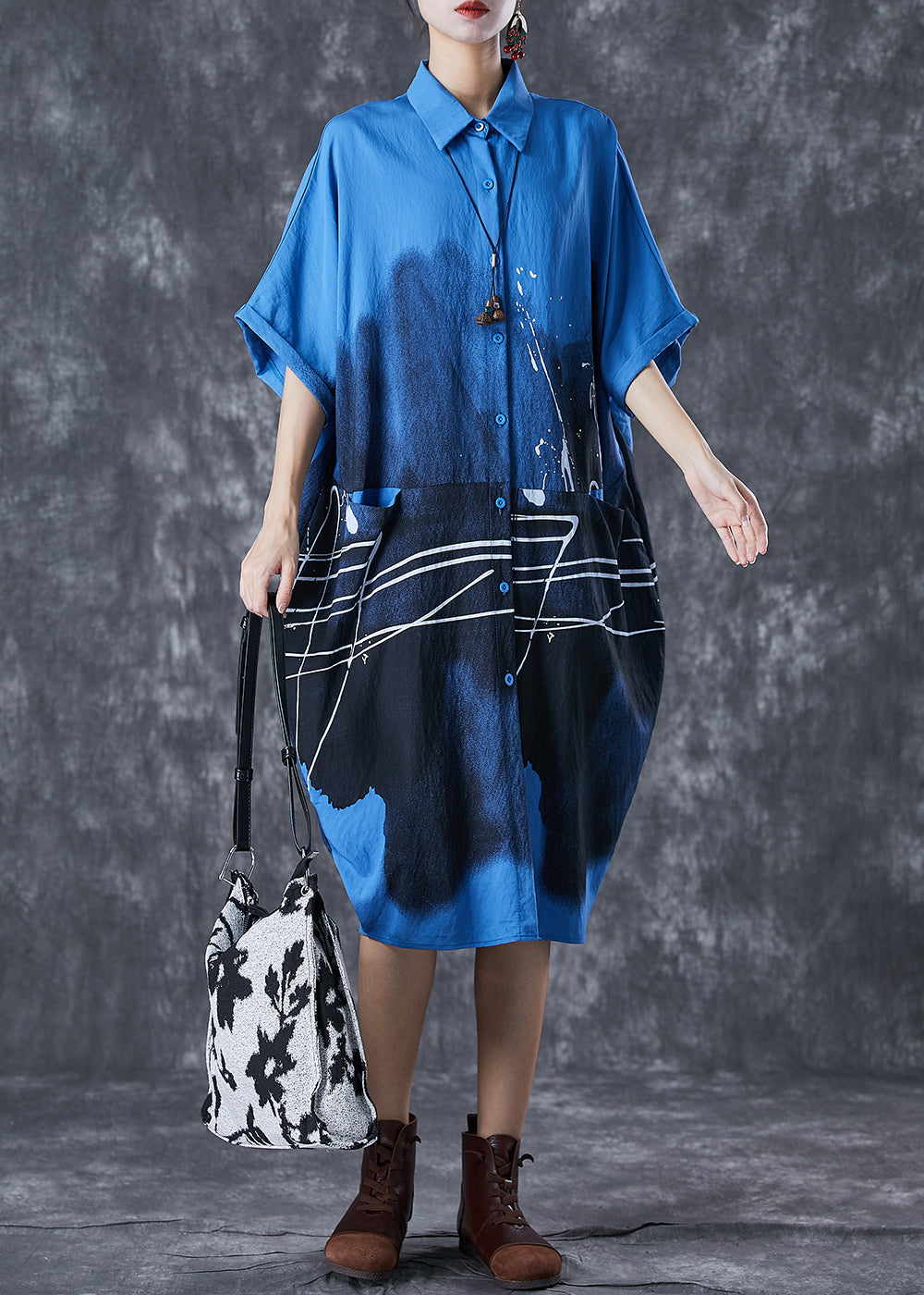 Italian Blue Inkwash Painting Cotton Shirt Dress Summer Ada Fashion