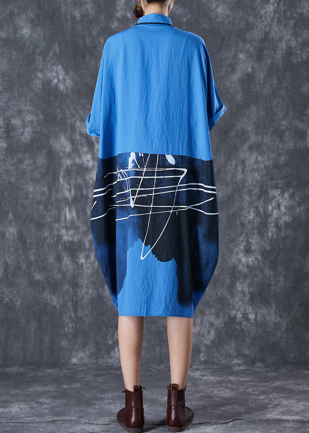 Italian Blue Inkwash Painting Cotton Shirt Dress Summer Ada Fashion