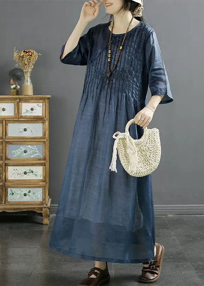 Italian Blue O Neck Embroideried Patchwork Long Linen Dresses Summer LY4123 - fabuloryshop