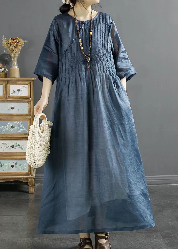 Italian Blue O Neck Embroideried Patchwork Long Linen Dresses Summer LY4123 - fabuloryshop