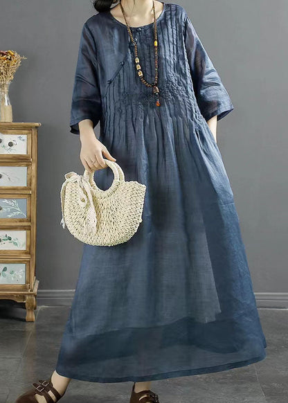 Italian Blue O Neck Embroideried Patchwork Long Linen Dresses Summer LY4123 - fabuloryshop