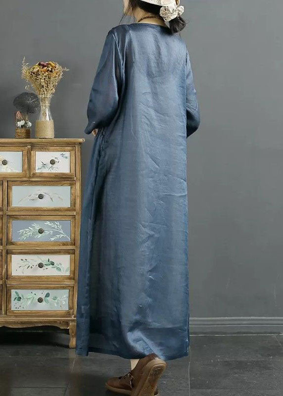 Italian Blue O Neck Embroideried Patchwork Long Linen Dresses Summer LY4123 - fabuloryshop