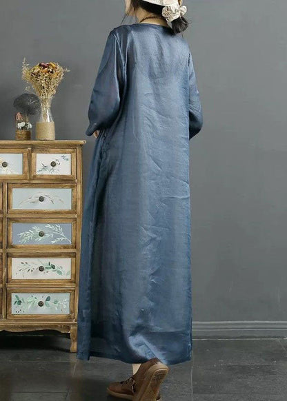 Italian Blue O Neck Embroideried Patchwork Long Linen Dresses Summer LY4123 - fabuloryshop