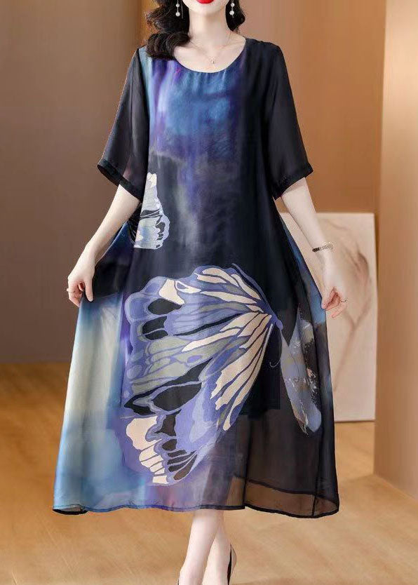 Italian Blue O Neck Print Patchwork Slim Silk Dresses Summer LY4484 - fabuloryshop