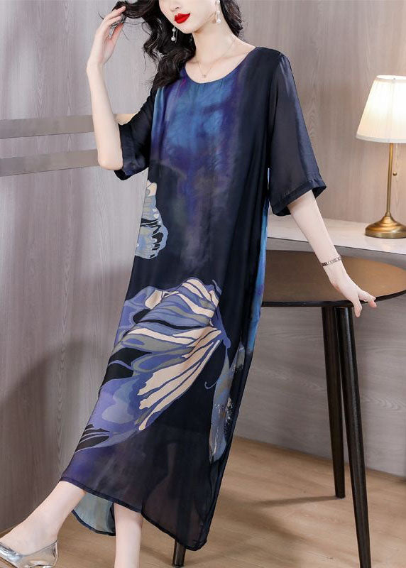 Italian Blue O Neck Print Patchwork Slim Silk Dresses Summer LY4484 - fabuloryshop