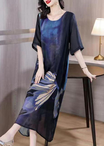 Italian Blue O Neck Print Patchwork Slim Silk Dresses Summer LY4484 - fabuloryshop