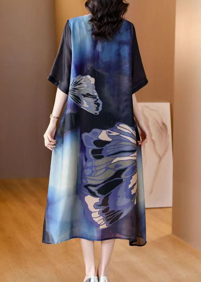 Italian Blue O Neck Print Patchwork Slim Silk Dresses Summer LY4484 - fabuloryshop