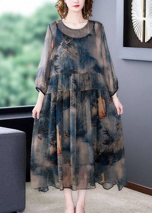 Italian Blue O-Neck Wrinkled Print Patchwork Silk Dress Two Pieces Set SummerTI1046 - fabuloryshop